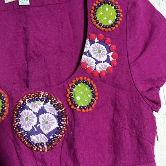 Boden Linen Ruched Waist Beaded Circle Floral Short Sleeve Blouse Size 6 - Picture 2 of 5